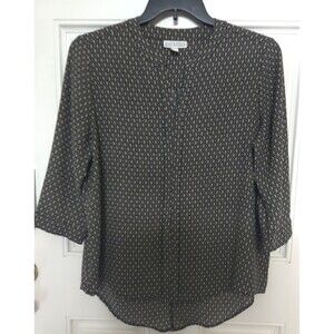 Dana Buchman Women's Size L Top Beige White Black 3/4 Sleeve V-neck.